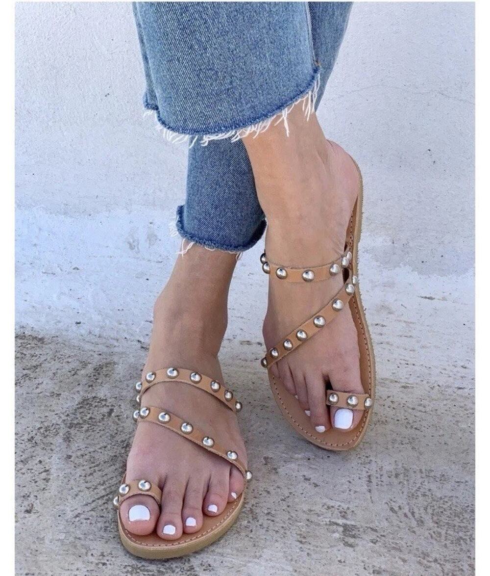 Aelia Greek Sandals Silver Studded Toe Ring Leather Brown Size 42 US 11
